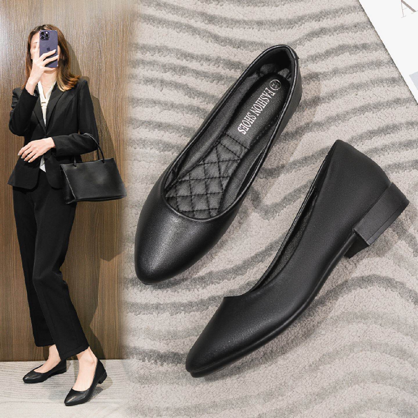 2025静音工作鞋女软底舒适黑色上班职业工装鞋尖头低跟单鞋女厚底