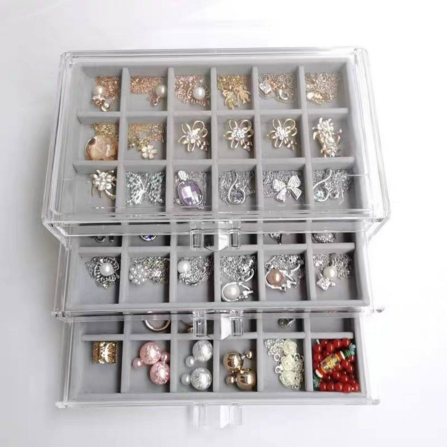 美甲工具三层饰品收纳盒多功能钻盒亚克力透明壳绒布内衬可拆卸