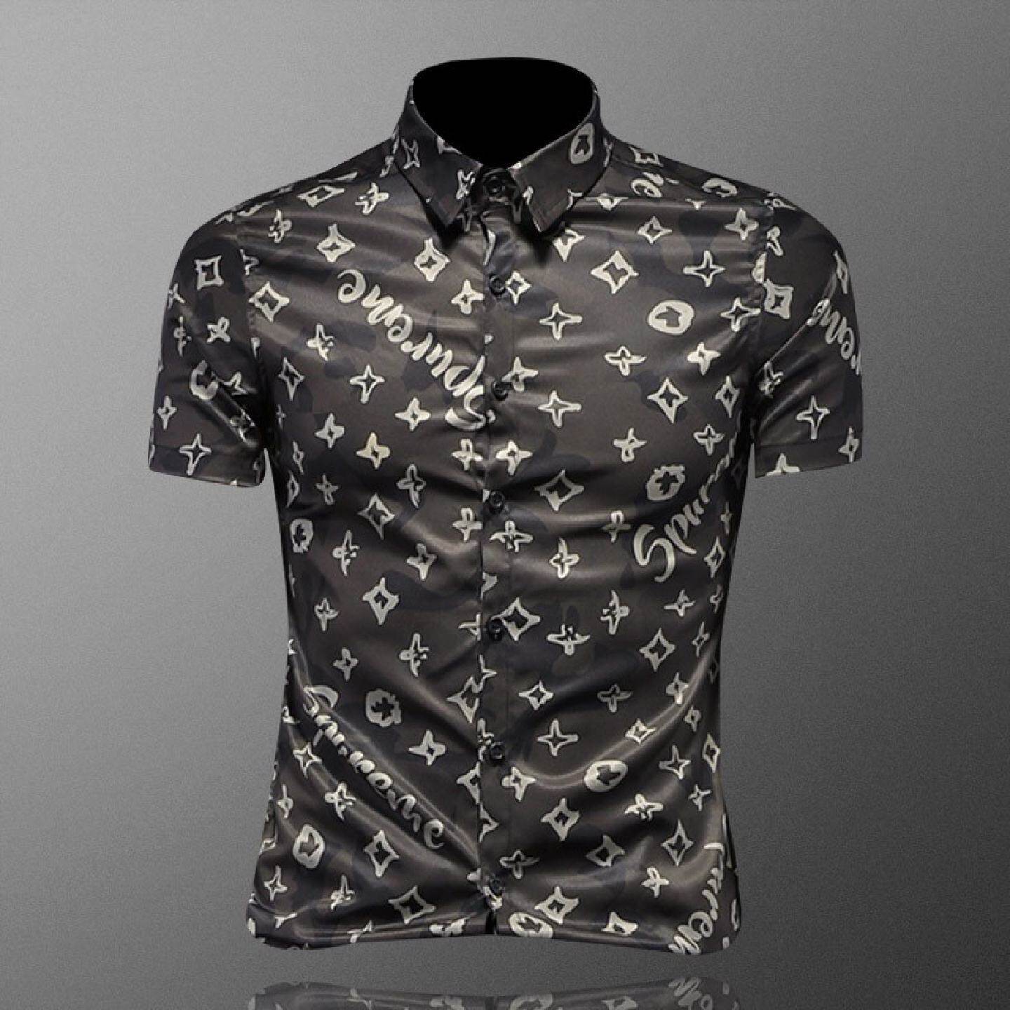 欧洲站男短袖衬衫大码印花夏季薄款欧美痞帅衬衣修身上衣高品质潮