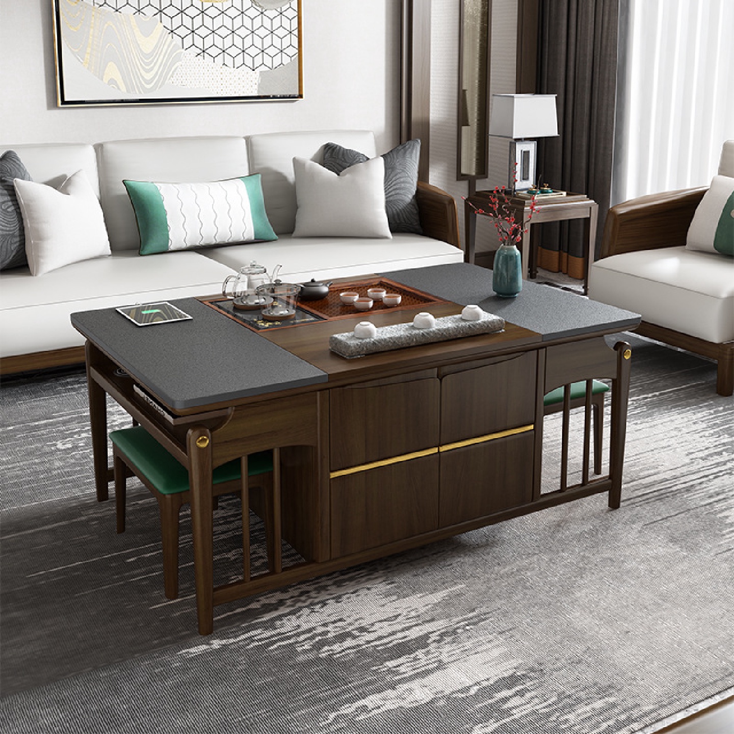 多功能升降功夫茶几中式客厅电动茶台带茶具一体火烧石实木泡茶桌