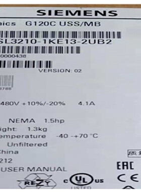 议价全新原装6SL32101KE143UB2SINAMICSG120C标称功率1.5kW