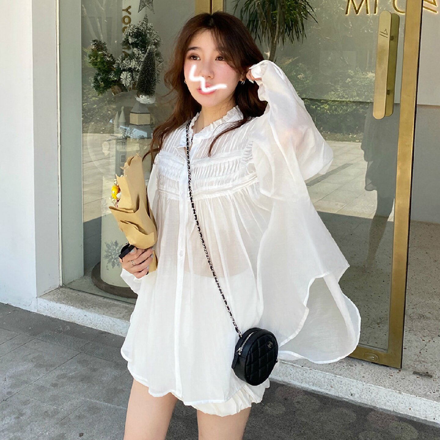 You/仙！娃娃衫特种机压褶女圆领设计感短款上衣
