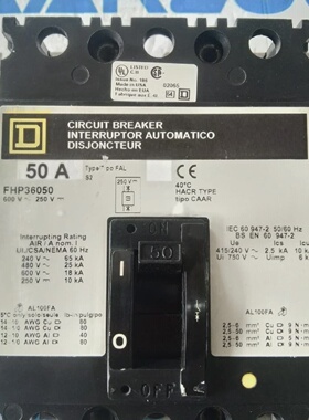 SQUARE D CIRCUIT BREAKER FHP36050 3 POLE 50 AMPS 600V 250V