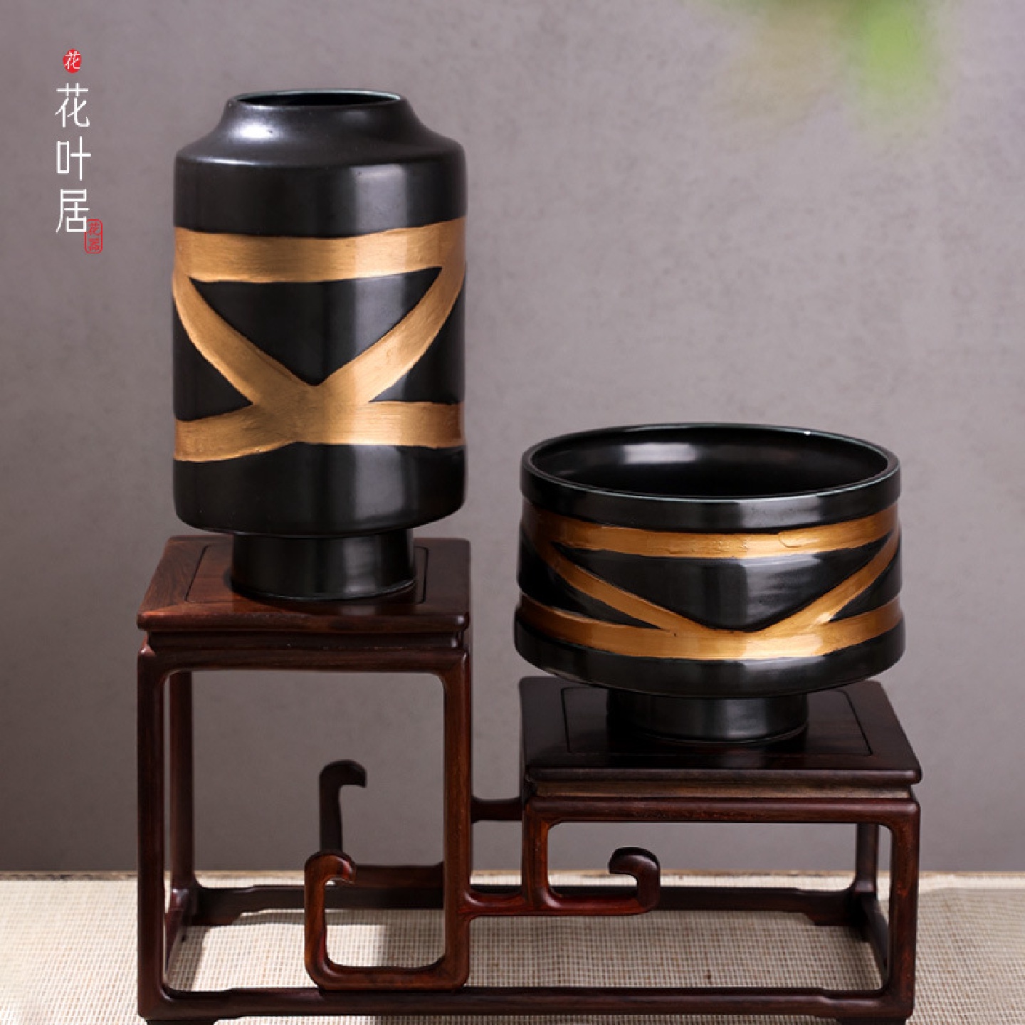 陶瓷金带投入瓶花瓶小原流日式剑山插花器皿简约鲜花插花花器花艺