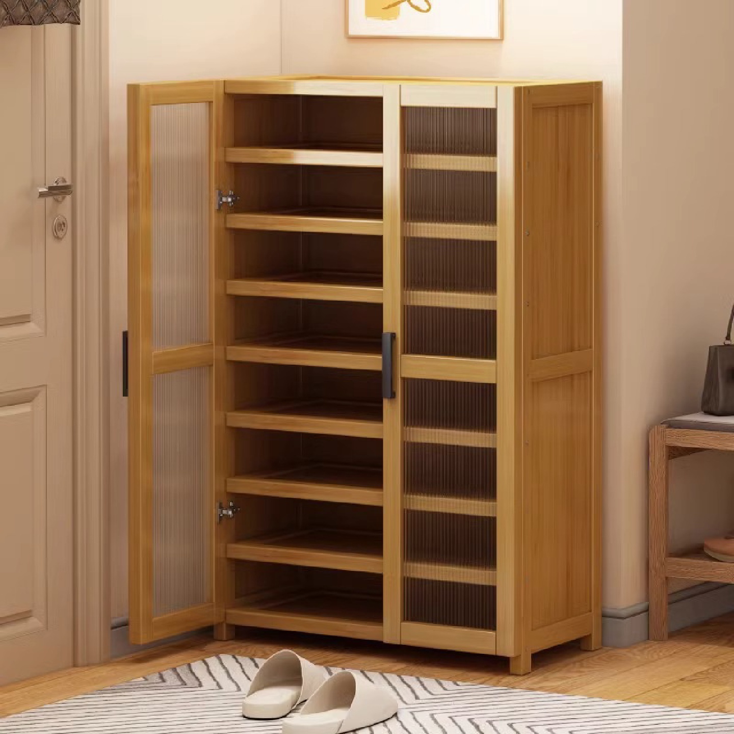 简约家用门口带门鞋柜大容量双开门隔断玄关储物柜子楠竹多层鞋架