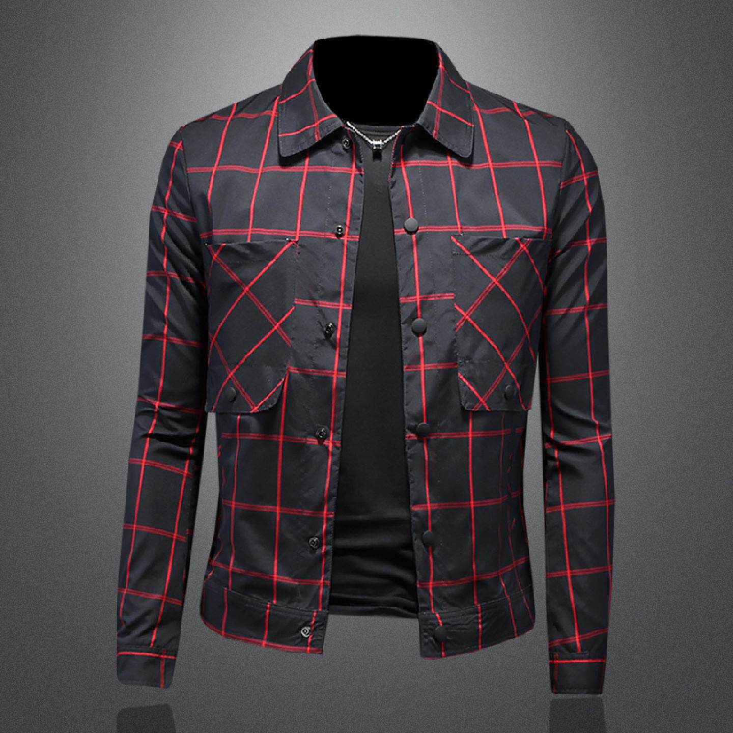 欧洲站翻领格子夹克男士春秋季潮流韩版修身休闲条纹大码外套潮男