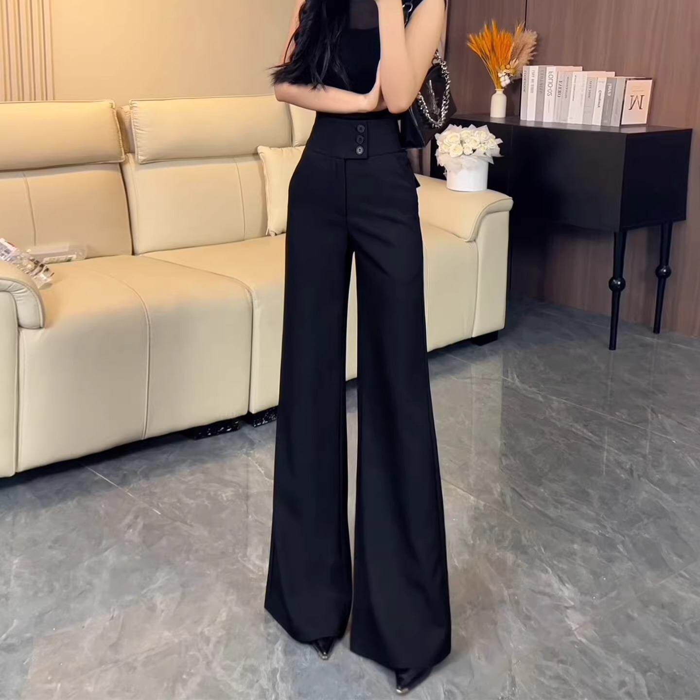 高级感黑色微喇西装裤女春夏2026新款气质高腰显瘦垂感拖地喇叭裤