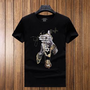 男士抱拳烫钻短袖恤社会精神小伙纯棉印花半袖大码潮牌体恤潮男装