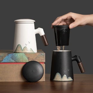 远山陶瓷泡茶杯办公带盖茶水分离茶杯马克杯个人专用杯定制logo