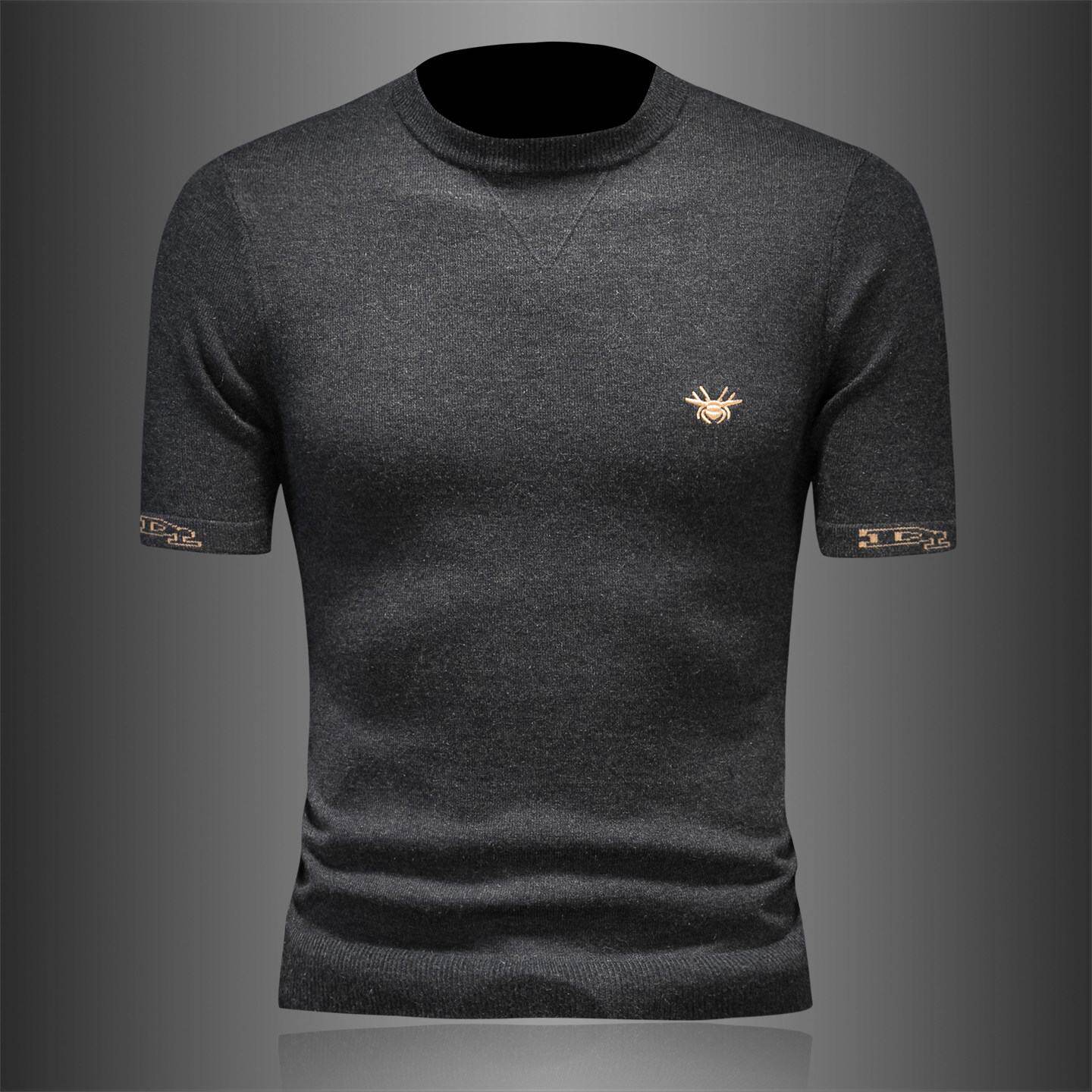 欧洲站小蜜蜂刺绣短袖针织羊毛衫男士秋冬季新款修身老钱半袖毛衣