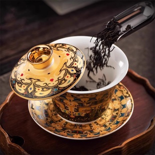 功夫家用泡茶小号带盖碗羊脂玉瓷茶碗茶杯 三才盖碗可旋转悬停中式