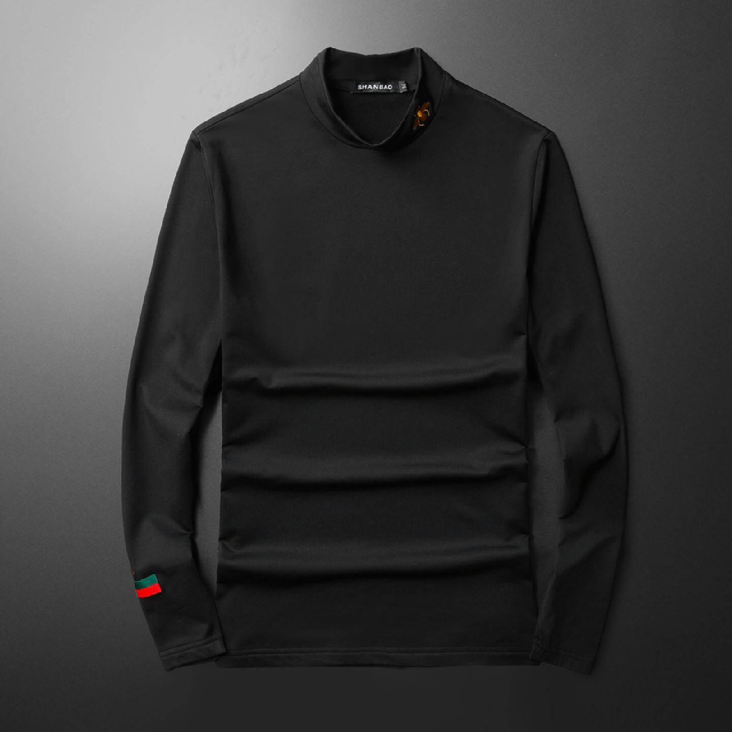 欧洲站潮牌小蜜蜂长袖恤男半高领修身纯棉刺绣加厚中领打底衫男潮