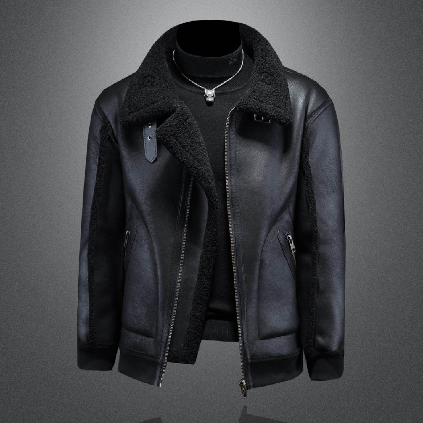 皮毛一体夹克外套男冬季新款加绒加厚机车服羊羔绒大码皮衣潮潮男