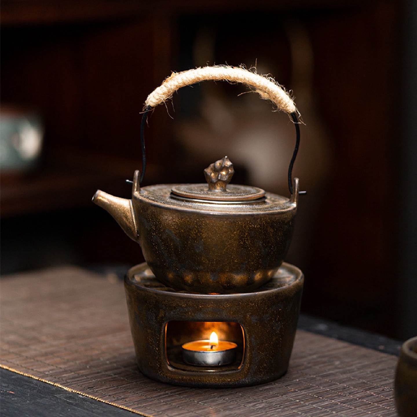粗陶太湖石提梁暖茶炉日式手工温茶器煮茶壶陶瓷功夫茶具暖茶套装