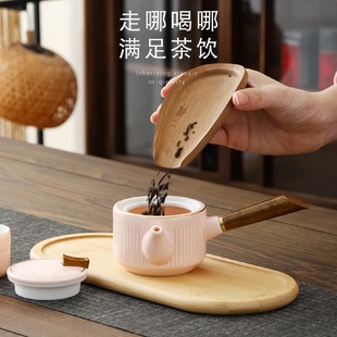 羊脂玉描金陶瓷竖纹侧把木柄茶壶便携旅行快客防烫色釉壶家用