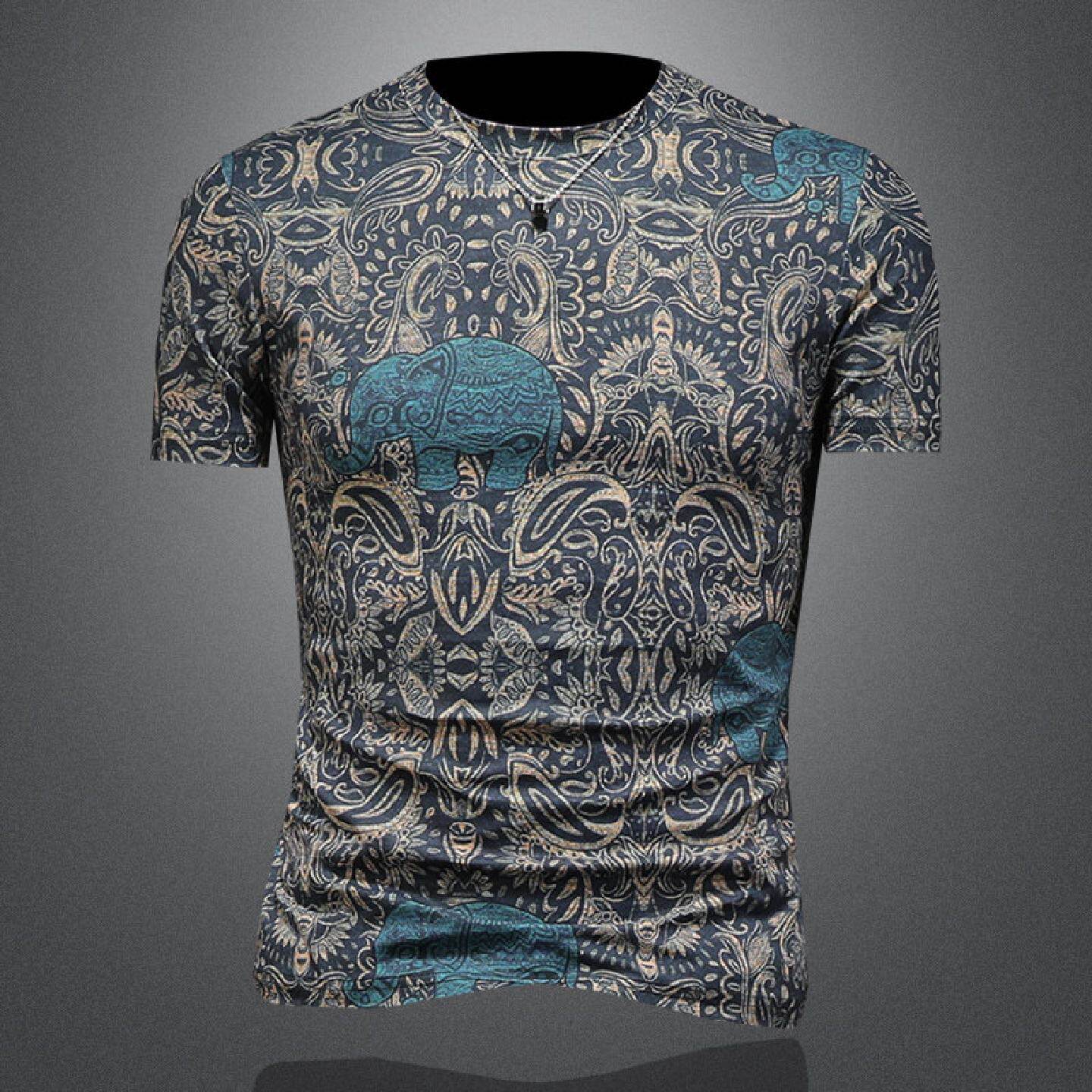 夏装新款男士圆领短袖恤衫复古印花修身潮流休闲中青年百搭潮男装