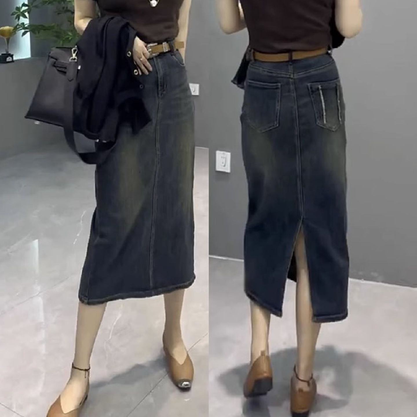 复古开叉牛仔半身裙女秋冬新款梨形身材高腰遮肉显瘦a字包臀裙子
