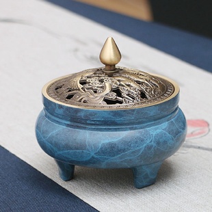 家用熏香炉仿古禅意茶道檀香炉 烧蓝三足铜香炉批发全铜香薰炉中式