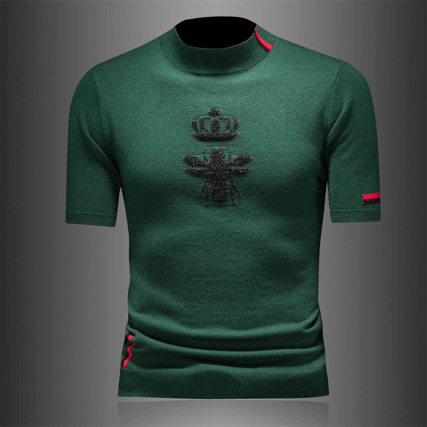 欧洲站小蜜蜂提花半高领短袖毛衣男士秋冬季新款针织半袖羊毛打底