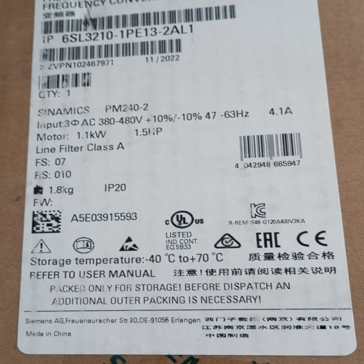 6SL3210-1PE13-2AL1  变频器G12