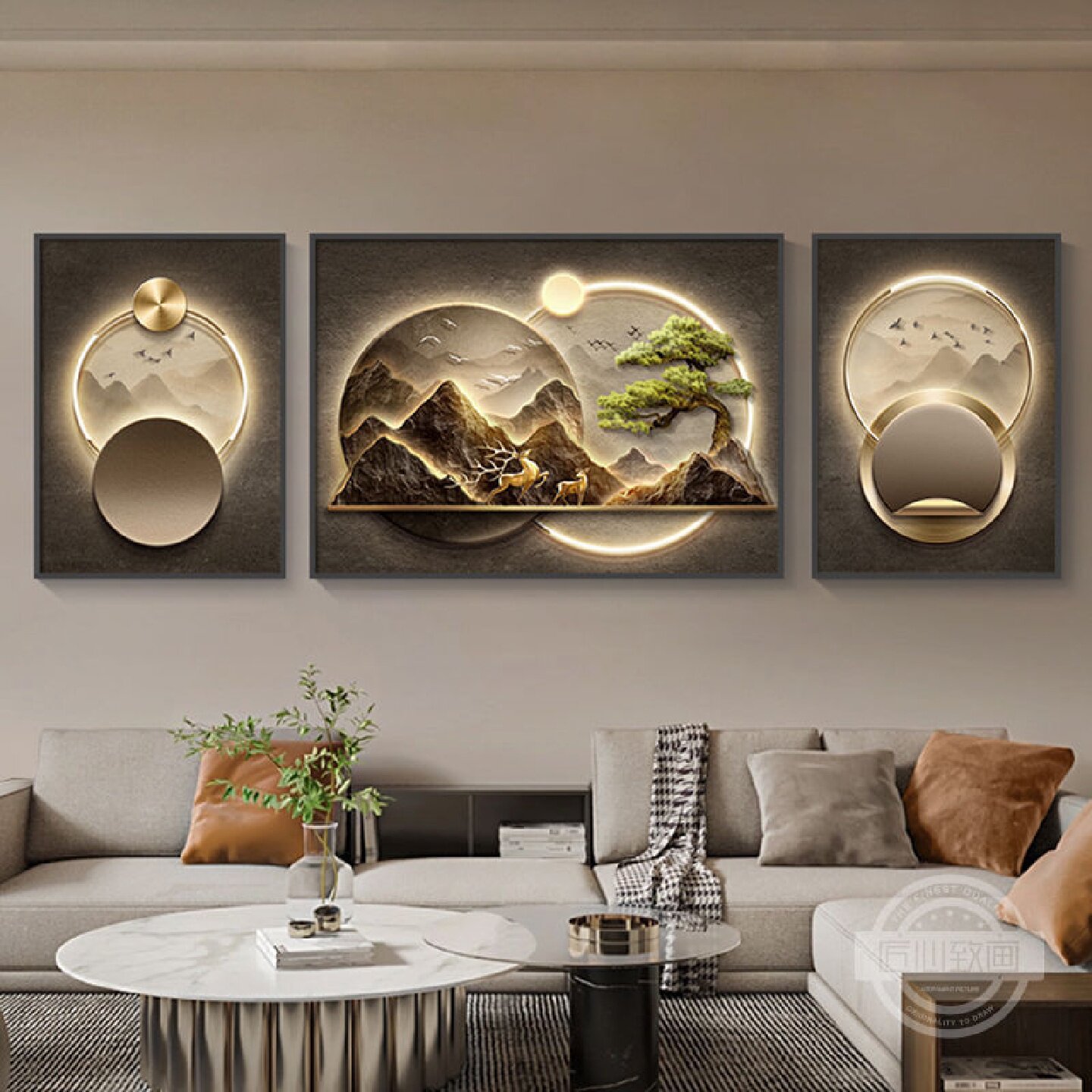 简约现代客厅西墙装饰画轻奢高级感沙发背景墙挂画高端山水三连画