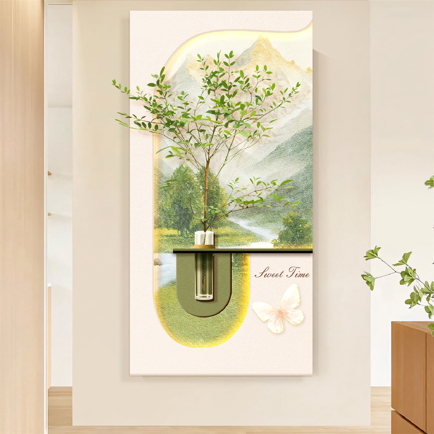现代简约立体入户玄关装饰画奶油风绿植走廊过道背景墙壁晶瓷挂画图片