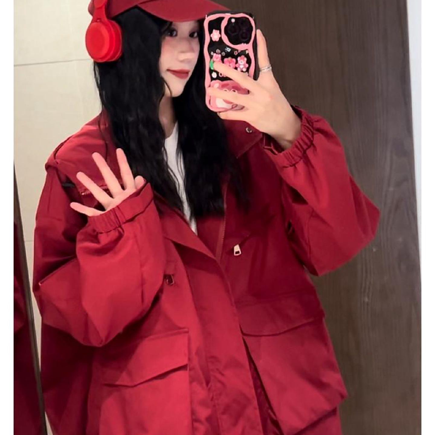 红色日系工装学院风棉服连帽外套女冬季加厚新款棉衣宽松大码棉袄