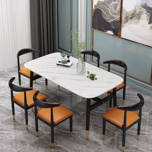 轻奢仿大理石商用餐桌长方形饭桌靠墙出租房酒店面馆餐饮桌椅组合