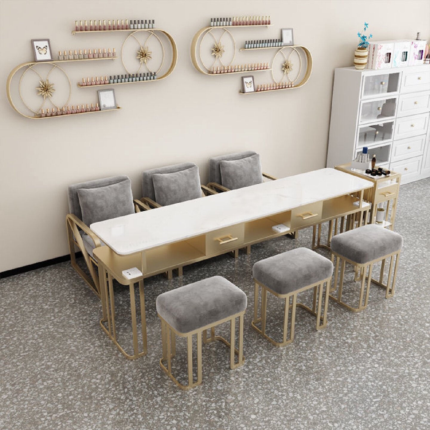 轻奢网红大理石美甲桌椅套装组合单双人三人修甲台美甲桌经济型