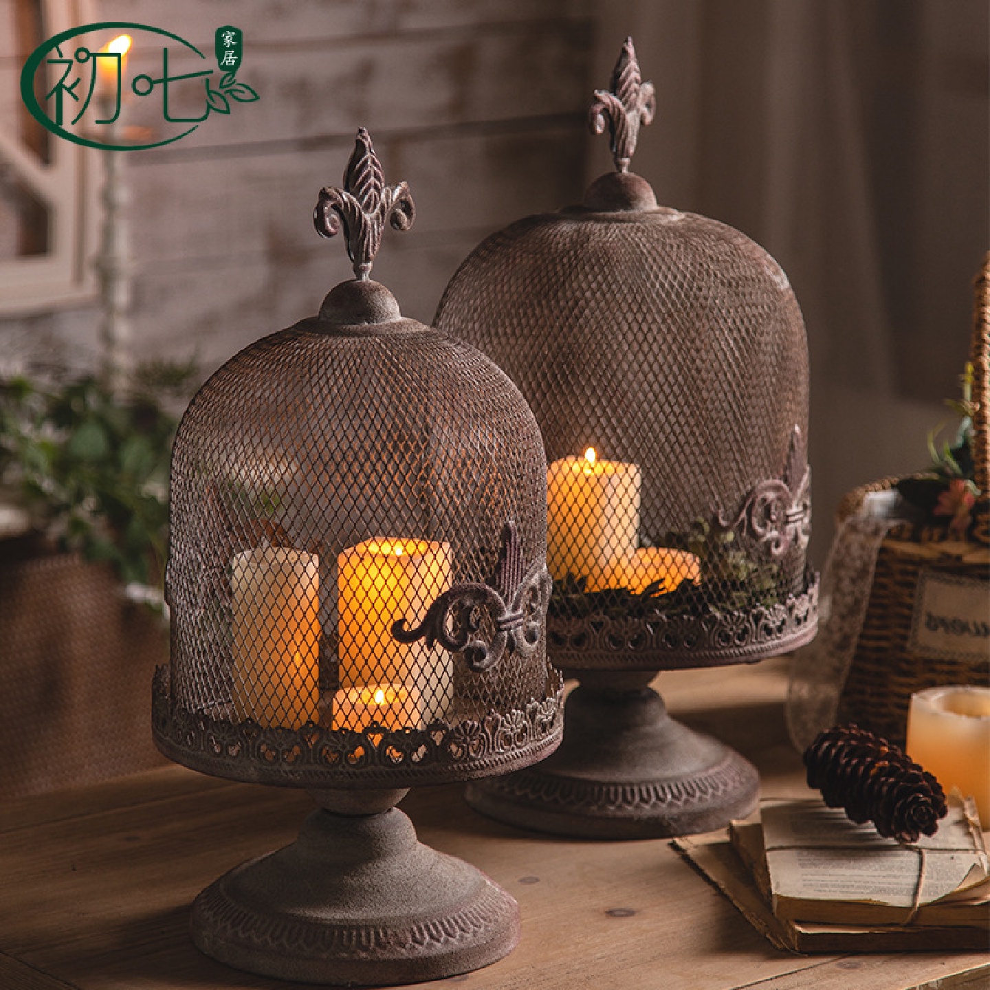 美式铁艺工业风蜡烛台民宿卧室装饰工艺品复古鸟笼烛台摄影道具