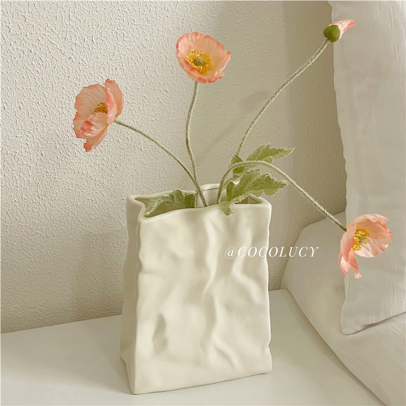 奶油风陶瓷褶皱纸袋花瓶摆件客厅插花餐桌干花小众高级感装饰品