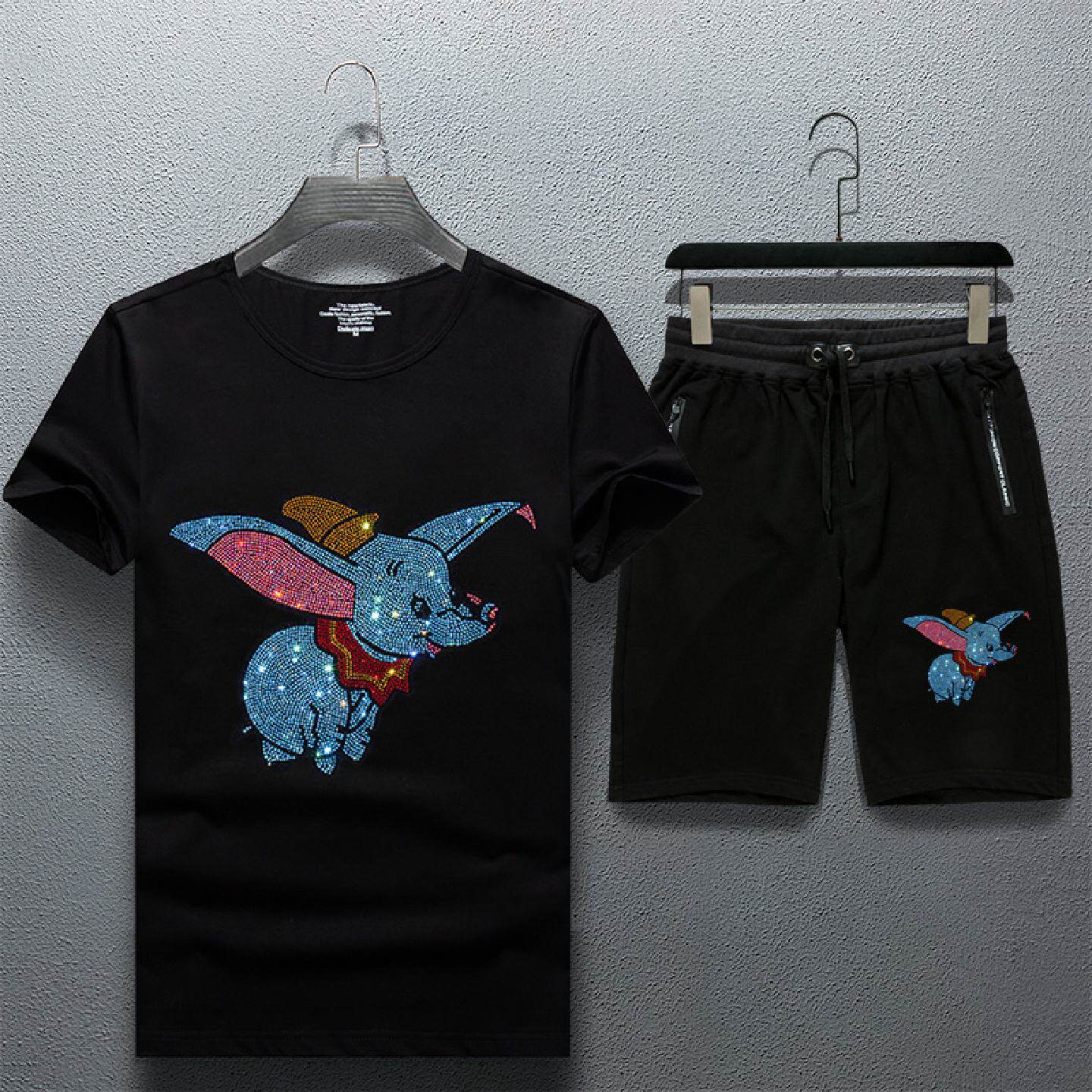 2026欧洲站新款男士休闲套装短袖短裤两件套夏季韩版潮烫钻中国风