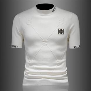 欧洲站字母刺绣半高领短袖羊毛衫男士秋冬季新款潮牌毛衣打底针织