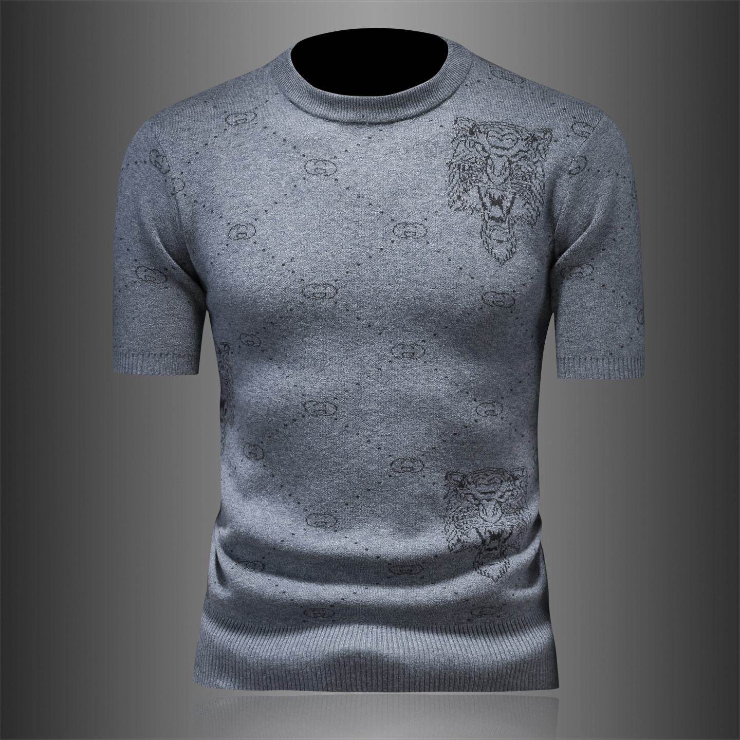 欧洲站保暖短袖毛衣男秋冬季新款潮牌提花圆领休闲针织半袖羊毛衫