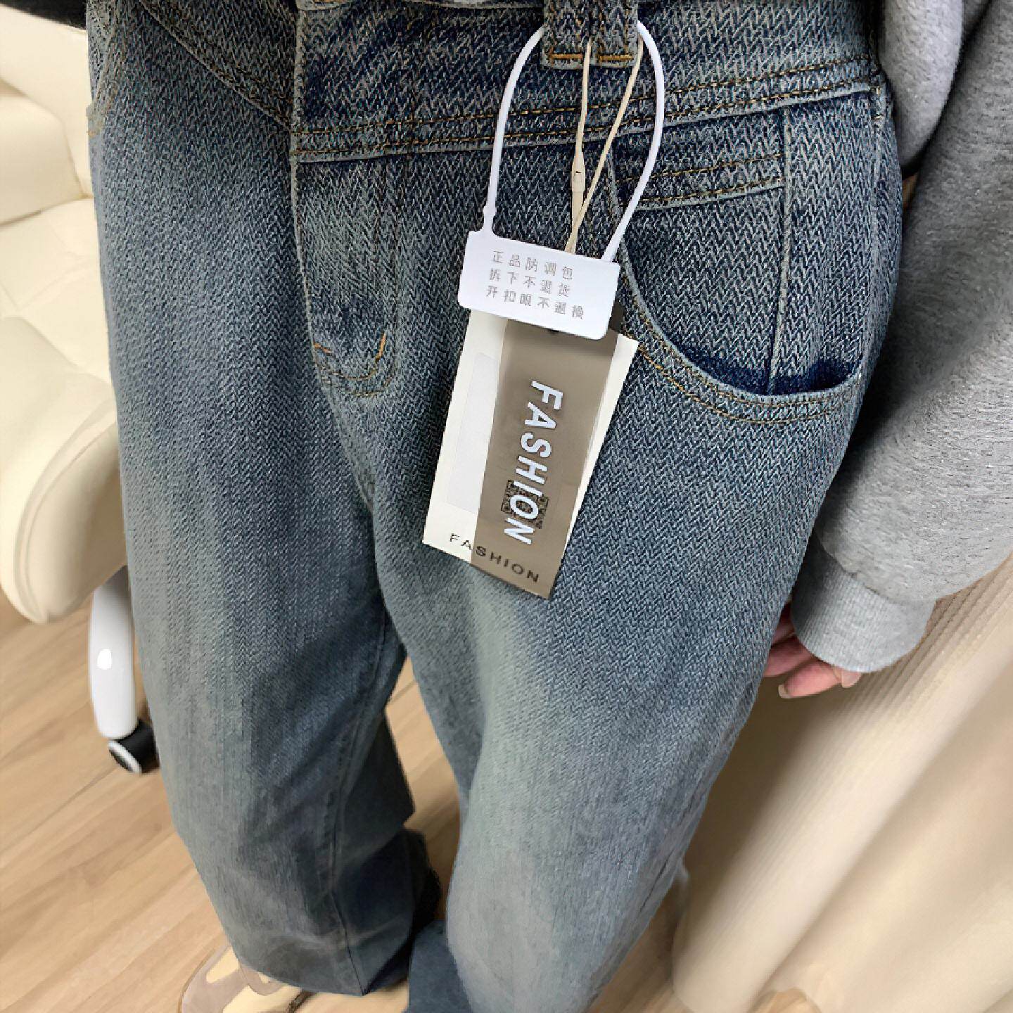 复古阔腿牛仔裤女春季新款大码胖mm高腰宽松显瘦星空纹直筒长裤子