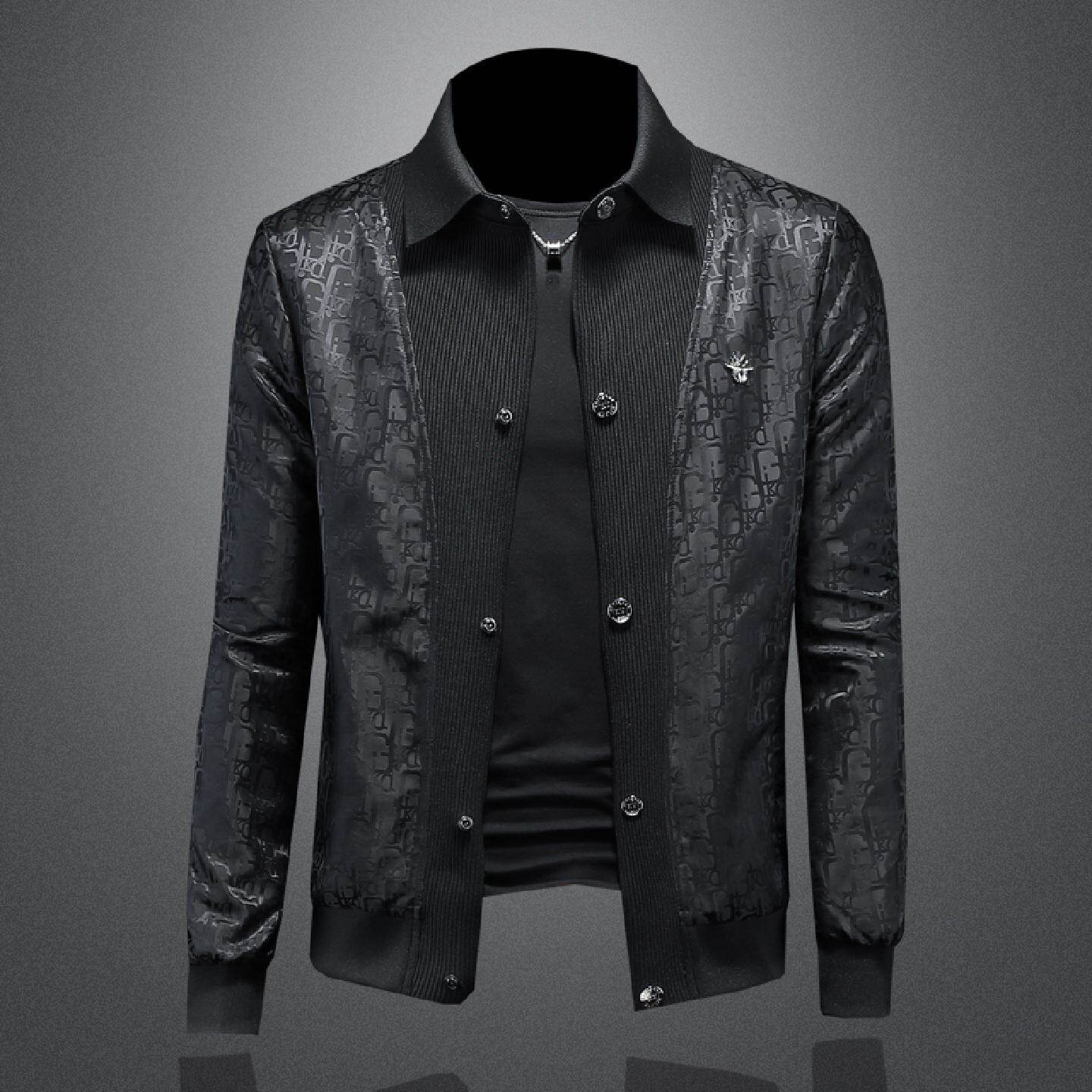 欧洲站印花夹克男装春季新款薄款修身潮流轻奢休闲针织领外套潮男