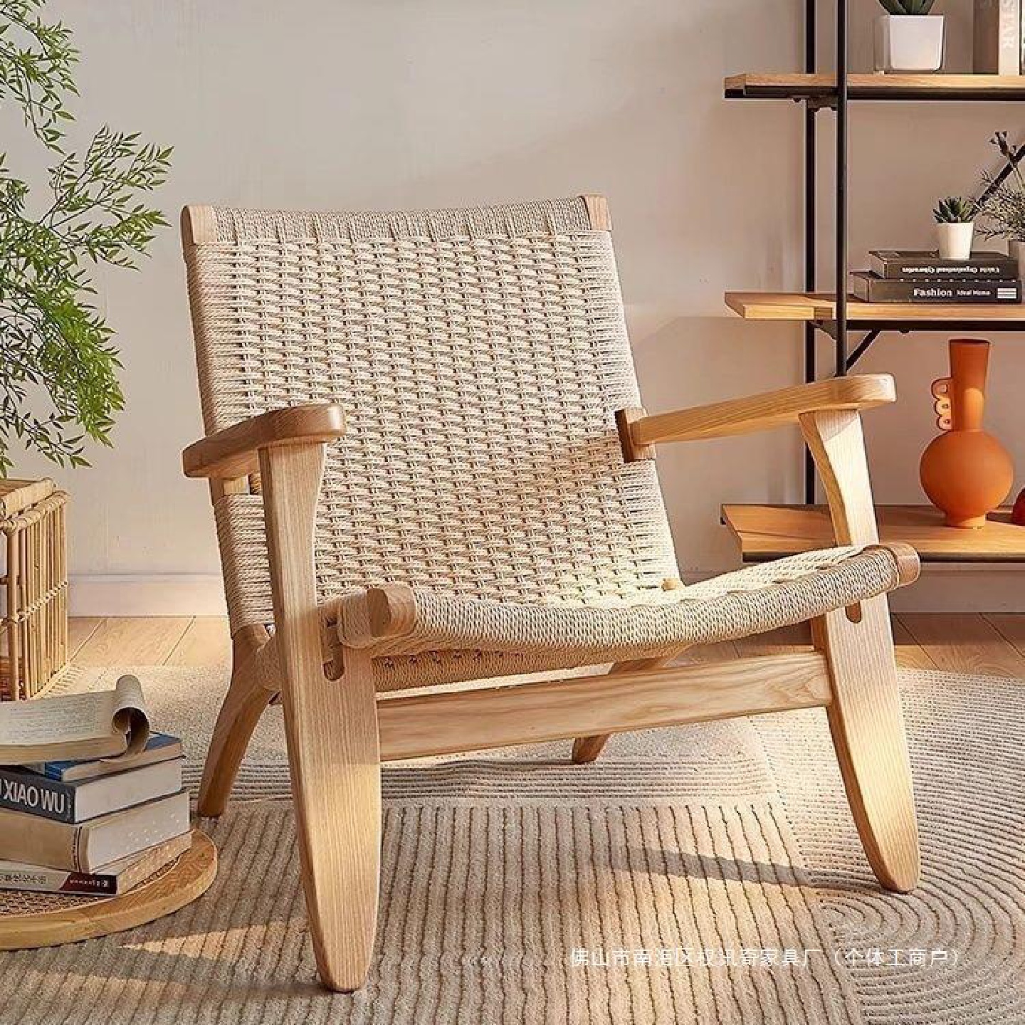 简约藤编实木沙发椅阳台客厅椅子休闲绳编单人靠背懒人家用沙发