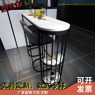 北欧岩板吧台桌简约家用铁艺半圆桌靠墙高脚桌客厅厨房桌椅组合