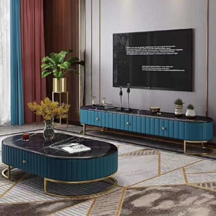 现代轻奢电视柜茶几组合北欧式大理石面椭圆简约风美式电视机柜