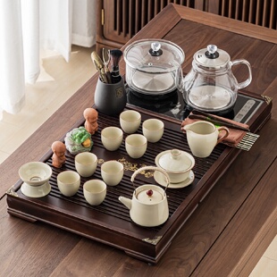 家用功夫实木茶台整套茶杯小茶盘轻奢高档全套玻璃烧水壶 茶具套装