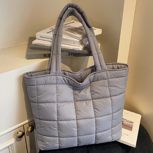 秋冬菱格棉服包包女大容量休闲通勤手提袋学生上课百搭单肩托特包