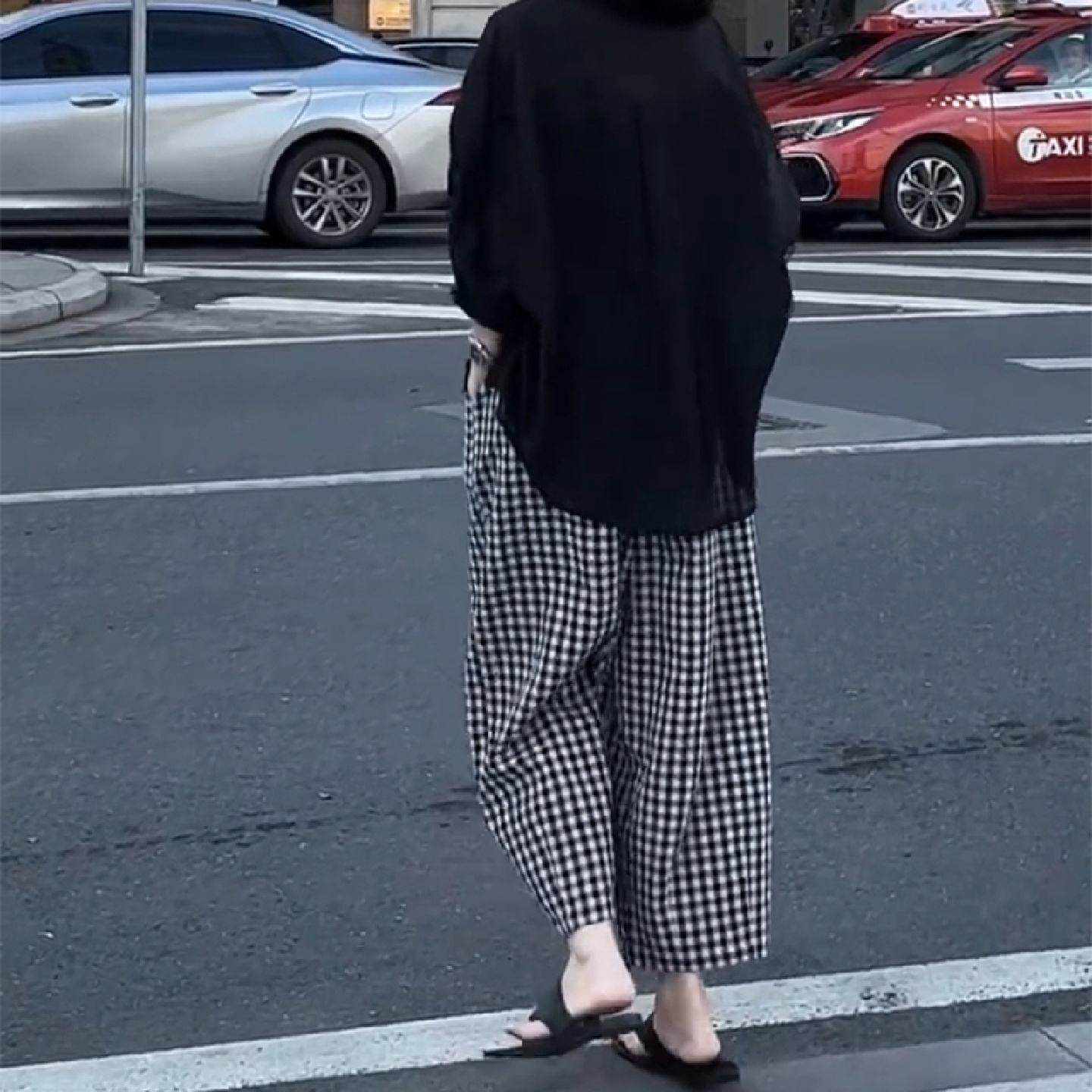 慵懒风黑白格子裤2026新款大码胖mm裤子女款小个子宽松高腰阔腿裤