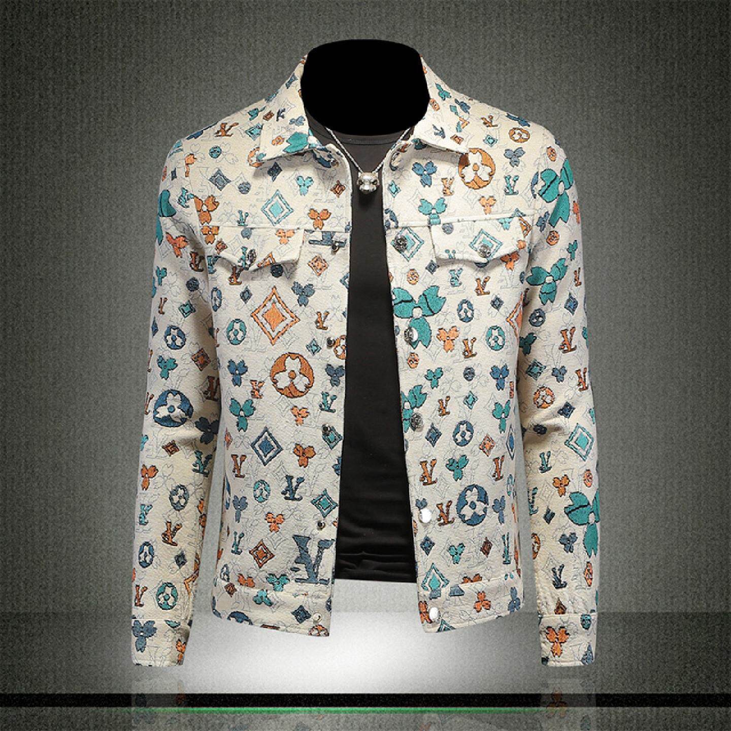 欧货男士翻领夹克衫高端外套卡其色满印绣花时尚修身新款上衣潮牌
