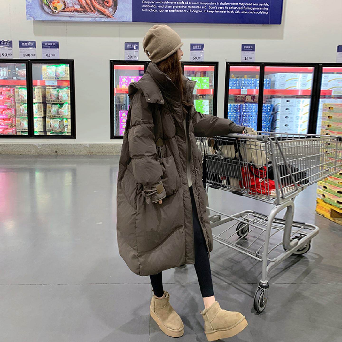 巨好看长版灰色羽绒服冬装2025新款今年流行宽松面包服白鸭绒外套