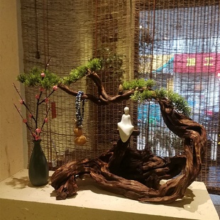 禅意迎客松根艺根雕风化木摆件样板房会所酒店玄关电视柜 新中式