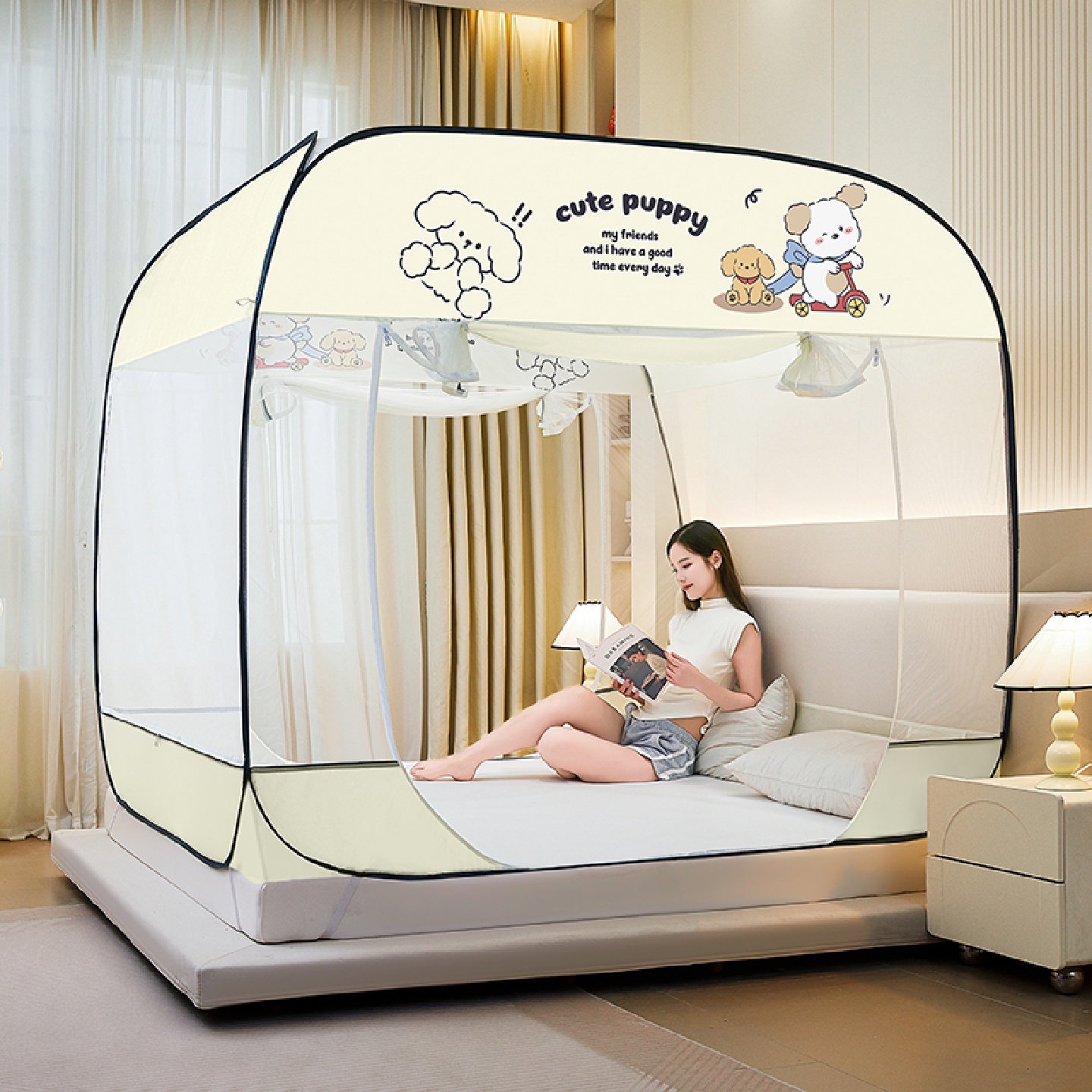 ll新款蒙古包1米5床免安装蚊帐家用150x190三开门1米8乘2米大床回