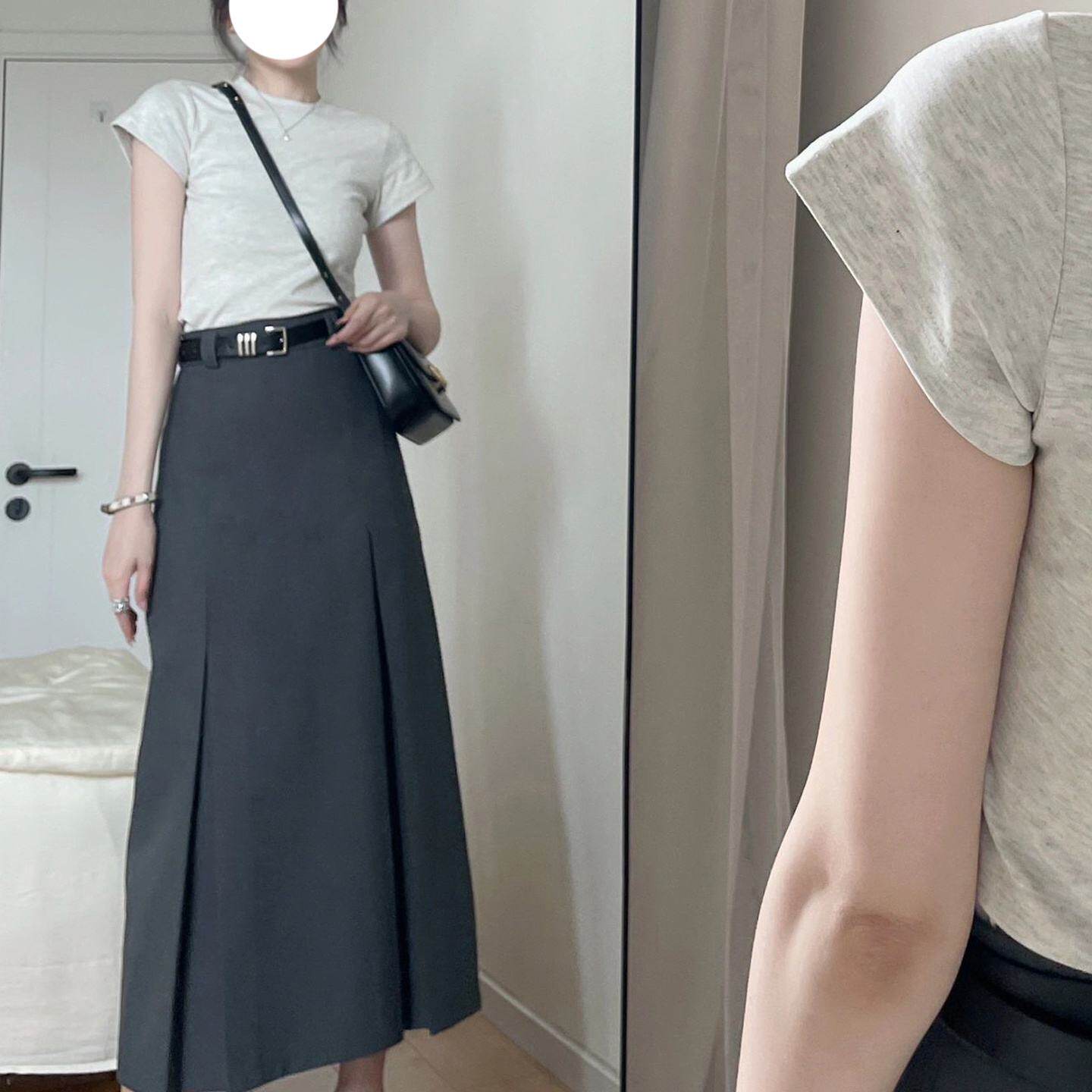 学院风灰色西装百褶半身裙大码胖妹妹mm高腰遮胯显瘦气质A字长裙