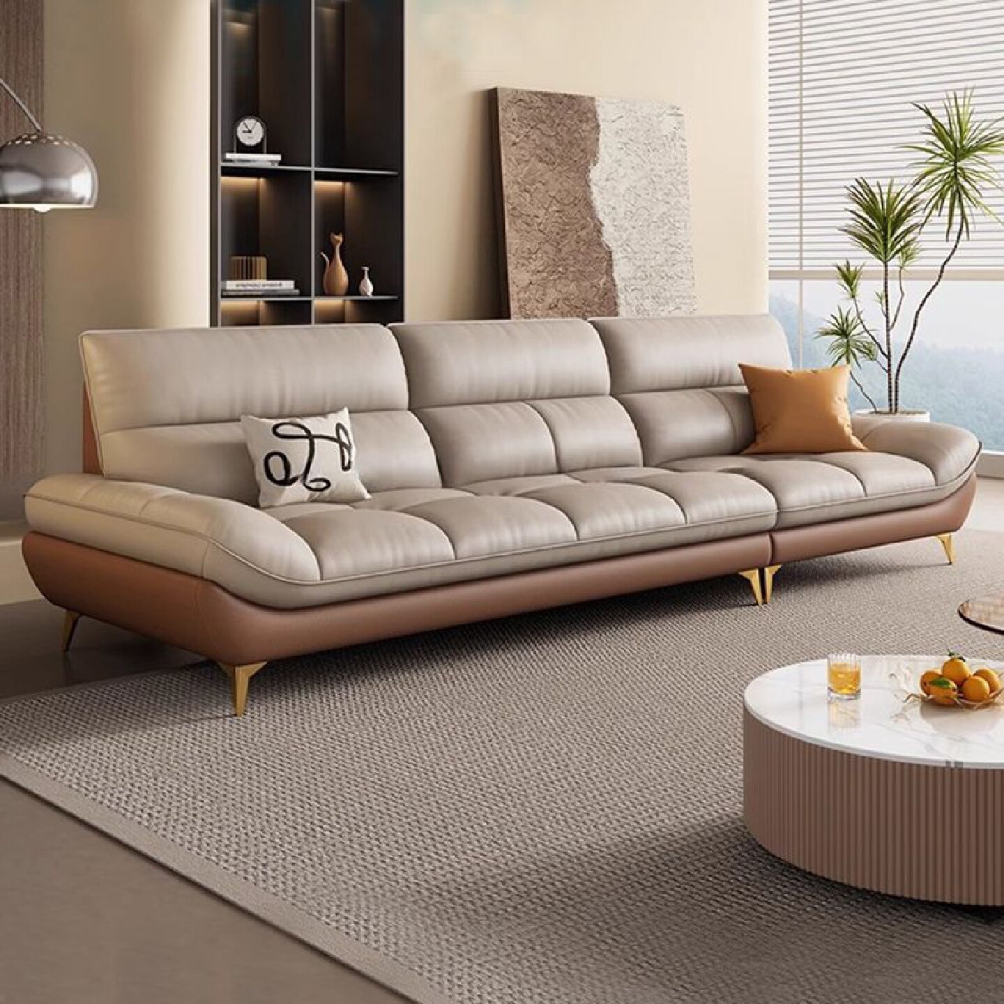 森华派意式轻奢拼色真皮沙发小户型客厅一字型直排高靠背铁艺沙发