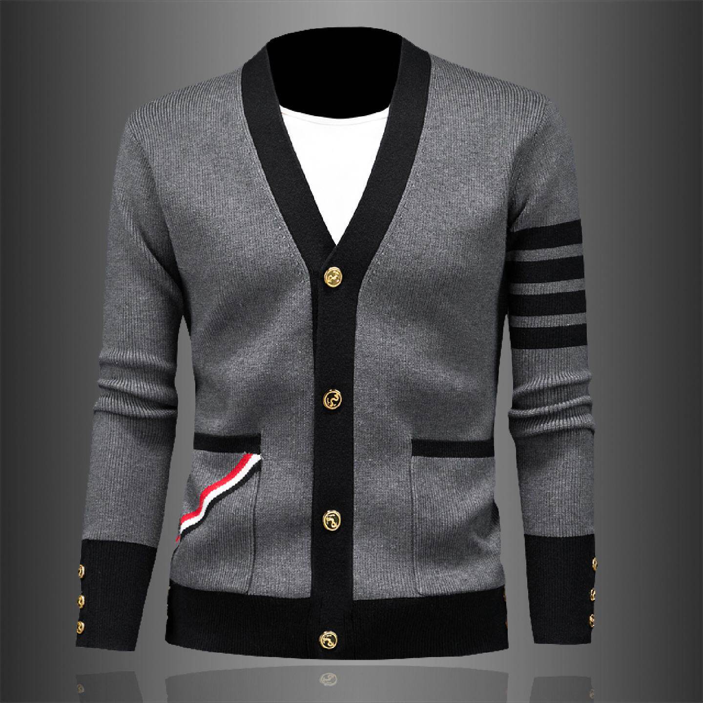 2026欧洲站领羊毛衫男士年秋冬季新款撞色条纹休闲潮牌毛衣外套潮