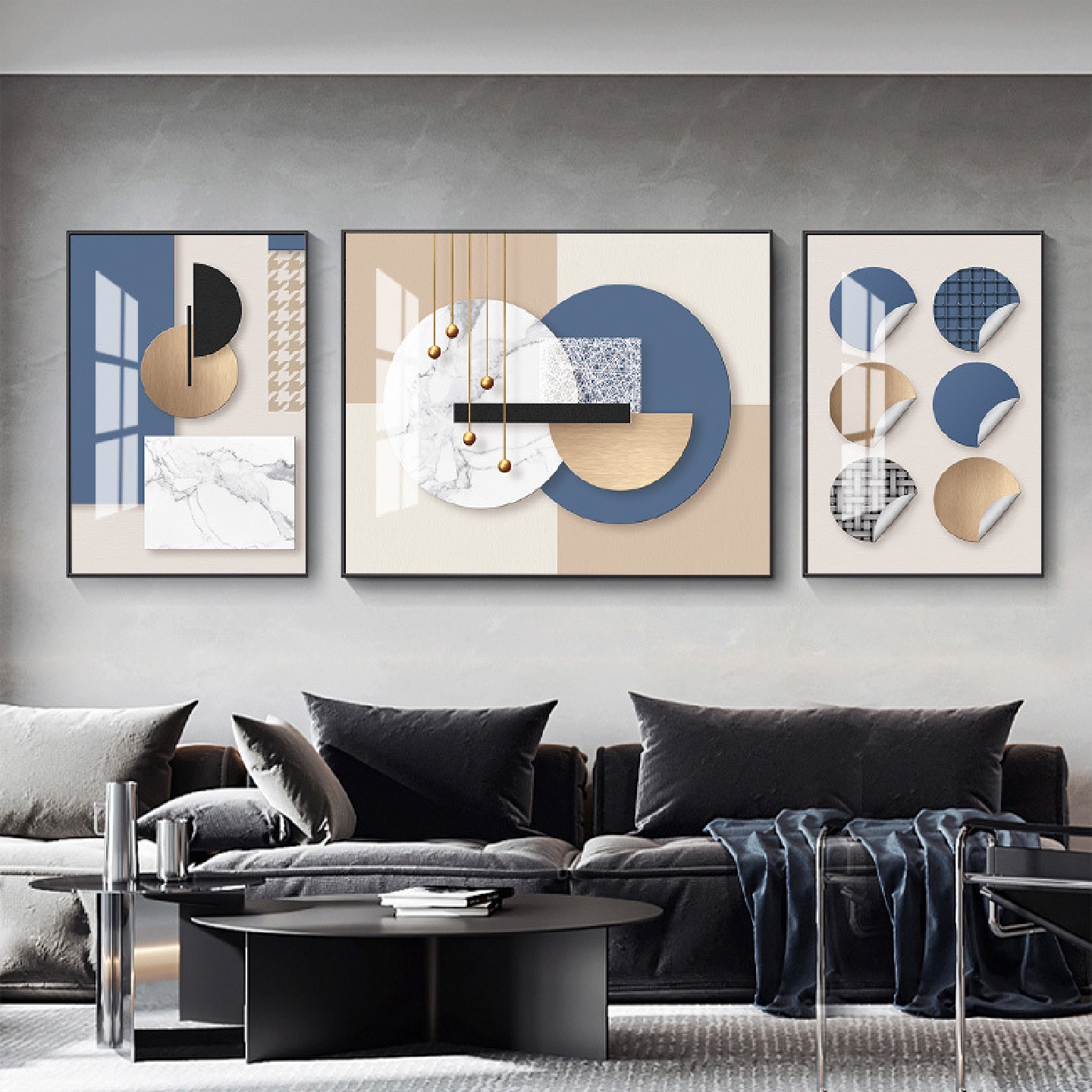 平衡空间现代简约轻奢风格壁画客厅沙发背景三联画北欧色块装饰画